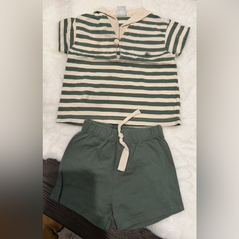 Petit Bateau green striped sailer short set